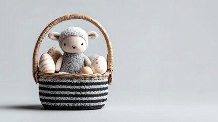 Gray Plush Lamb Striped Woven Basket Cream Eggs Gray Studio