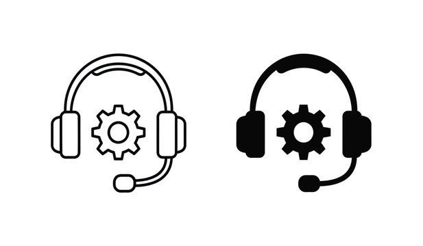 Two headset icons with gear symbol in black and white line art style for tech support or customer service concept