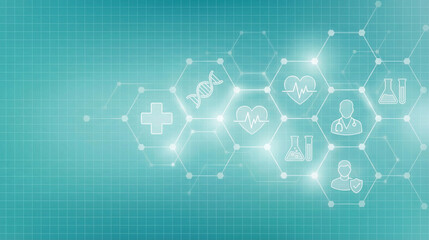 Fototapeta premium Digital Health: A futuristic depiction of medical symbols linked together by glowing lines, illustrating the interconnectedness of healthcare and technology. 