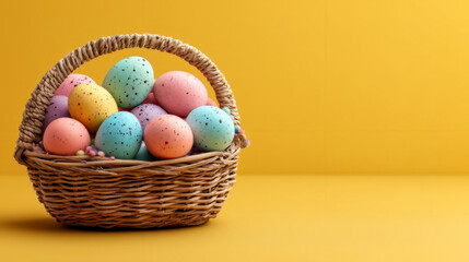 Pastel Speckled Eggs Woven Basket Vibrant Yellow Studio