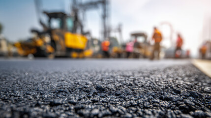 Freshly laid asphalt surface on a road construction site with heavy machinery and workers in safety vests preparing the area under clear daylight conditions