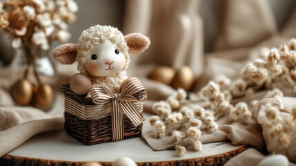 Plush Lamb Golden Eggs Pampas Beige Ribbon Woven Box Boho
