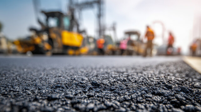 Freshly laid asphalt surface on a road construction site with heavy machinery and workers in safety vests preparing the area under clear daylight conditions