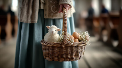 Polish Swieconka Basket Elderly Woman Church Plush Lamb