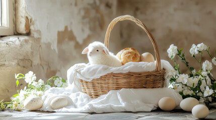 Traditional Easter Basket Plush Lamb Bread Eggs Flowers