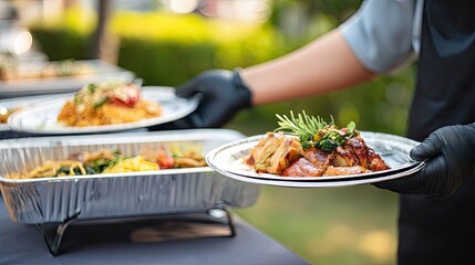 People gather around a food table serving various dishes at a commercial event held outside during the evening hours