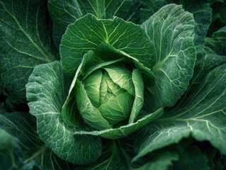 Obraz premium Fresh green cabbage growing in the garden with vibrant leaves showcasing natural texture and healthy organic produce ready for harvest and cooking