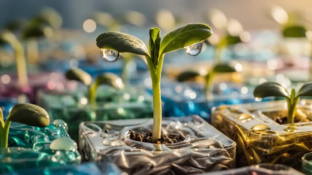 Close-up of young seedlings with water droplets, growing in small transparent containers.