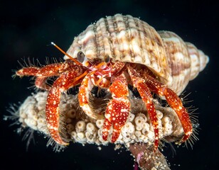 Hermit crab with a shell, perched on coral, displays vivid red legs and ornate patterns against a dark backdrop