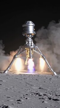 Lunar lander module descending onto a cratered surface, firing its thrusters and kicking up dust, representing space exploration and scientific discovery on another planet