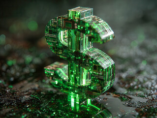 Green glowing currency symbol made of a futuristic electronic circuit board reflecting innovation and digital finance concepts in a tech environment