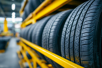 Close-up of new automobile tires displayed on a yellow industrial shelving unit in a modern tire manufacturing or storage facility