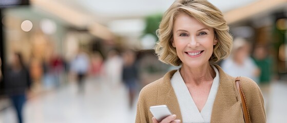 Senior woman walks in the city while using her smartphone with a smile, enjoying her time and engaging with technology in her surroundings