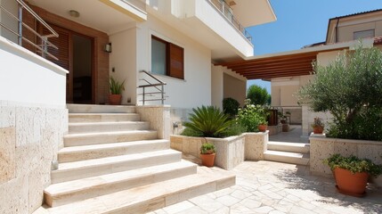Potted flowers and lanterns line the stairs of a modern country house with a red brick wall setting for a family celebration