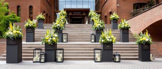 Potted flowers and lanterns line the stairs of a modern country house with a red brick wall setting for a family celebration