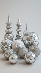 Group of silver Christmas ornaments and baubles on grey background. Vertical illustration of festive holiday decorations with glitter and metallic textures. Copy space for text