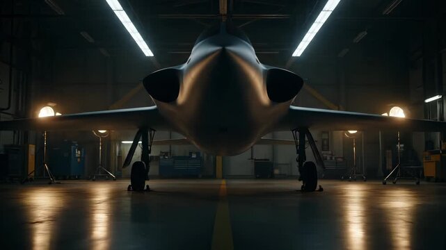 Fighter jet stands in hangar with dramatic lighting showing front view. Military aircraft parked in hangar facing forward. Fighter jet with nose cone in hangar. Aircraft stands with lights in