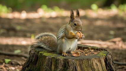 Squirrel holding nut standing on tree stump