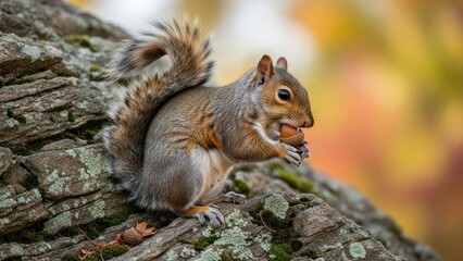 Fototapeta premium Squirrel holding nut on tree branch outdoors
