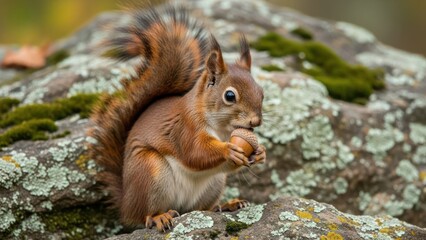 Obraz premium Squirrel holding nut on rock with lichen in natural habitat