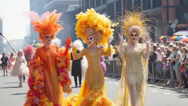 Drag queens in elaborate costumes parade down a street during a pride event
