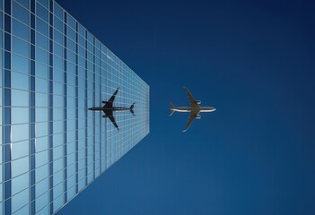 An airplane flies above a modern glass building against a clear blue sky. This image symbolizes progress, ambition, and the intersection of technology and urban development.