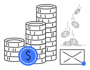 Financial transactions, money savings, payment systems, capital management, wealth, earnings. Stacked coins, dollar symbol and envelope. Financial transactions and money savings