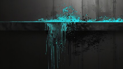 Abstract splash of cyan paint on black concrete background. Turquoise liquid dripping and exploding. Grunge texture wallpaper with copy space