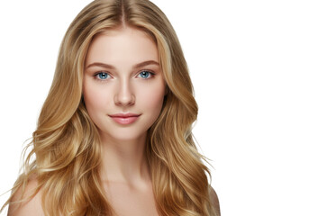 Fototapeta premium Beautiful young caucasian woman with long, voluminous golden blonde hair, bright blue eyes, serene expression, on a transparent studio background with copy space, concept for beauty advertising