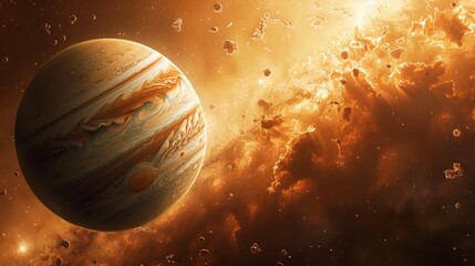 Planet Jupiter in deep space with asteroid belt and golden nebula. Sci-fi gas giant illustration