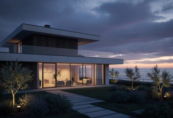 Naklejka premium A modern, two-story home with expansive windows overlooks a serene ocean at dusk. This image conveys luxury living, tranquility, and a connection with nature.