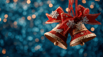 Festive golden bells adorned with red ribbons and silver snowflakes hanging against a sparkling blue bokeh background creating a holiday atmosphere