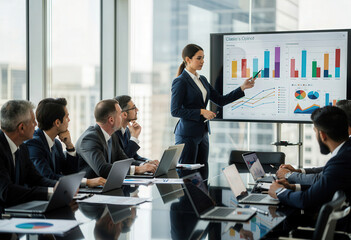 A businesswoman presents data to a team of colleagues in a modern conference room. The image conveys a professional business meeting focused on analysis and strategic decision-making.