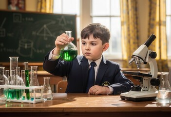 A young boy in a school uniform holds a beaker of green liquid in a science lab setting. This image symbolizes scientific exploration, education, and the curiosity of learning.