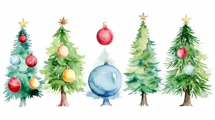 Watercolor Christmas tree and ornament set. Hand drawn festive holiday pine trees with red and gold baubles on white background