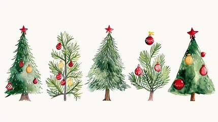 Set of five watercolor Christmas trees isolated on white background. Hand painted festive pine and fir illustrations with red stars and gold ornaments. Holiday decoration design element
