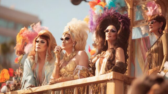 Drag queens in elaborate costumes and makeup celebrate on a float during a vibrant parade