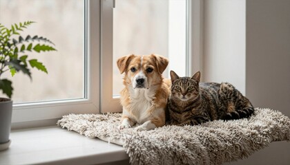 Cat and Dog Relaxing Together on Soft Window Seat with Plant
