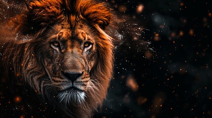 Majestic male lion portrait with magical glowing particles. Close up of wild animal face with orange fire sparks on dark background. Power and strength concept