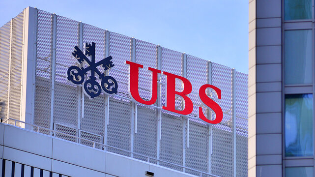 Warsaw, Poland. 5 January 2026. Urban landscape. Neon sign with the inscription: UBS