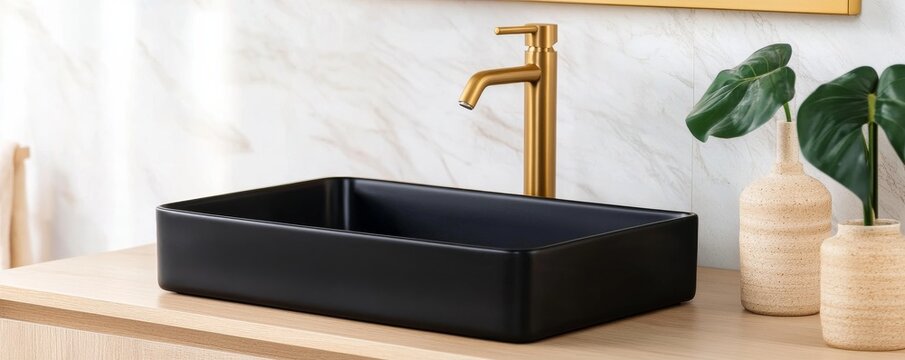 Matte Black Rectangular Vessel Sink with Brushed Gold Faucet Modern Bathroom Vanity Design, Clean Lines, Luxury Fixtures, Home Decor, Bathroom Sink, Vanity, Gold Faucet