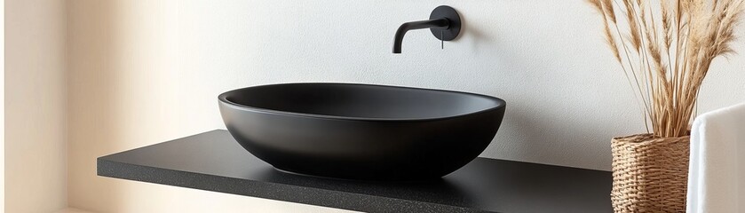 Matte black vessel sink and matte black faucet composition, minimalist bathroom design concept, modern, elegant. ,bathroom design, modern bathroom