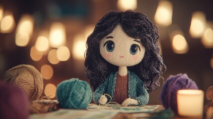 Adorable handmade knitted doll with dark curly hair and large eyes sitting at a craft table with colorful yarn balls and warm bokeh lights, charming wool amigurumi toy for creative hobby concepts