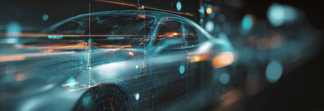 Futuristic sports car wireframe hologram with digital data interface and glowing light streaks, advanced automotive technology visualization for autonomous driving and smart transportation systems - Powered by Adobe