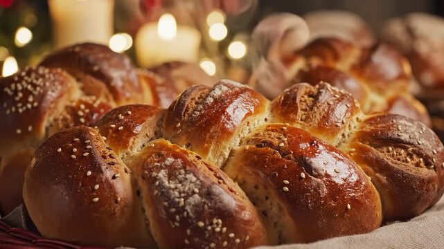 Golden brown challah bread in a wicker basket on a table