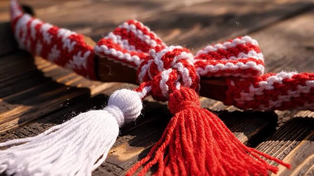 Red and white knitted scarf with tassels on a wooden surface