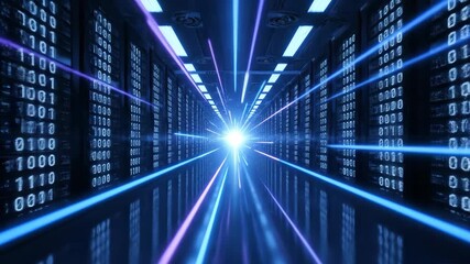 Abstract digital data center tunnel with blue and purple neon light streaks and binary code. - Powered by Adobe