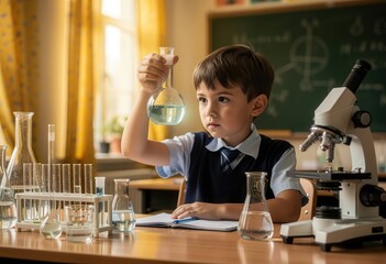 A young boy in a school uniform carefully holds a flask during a science lesson in a well-equipped lab.