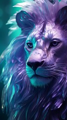 Majestic lion portrait with purple and teal neon lighting. Vertical digital illustration of a futuristic metallic big cat. Fantasy animal background