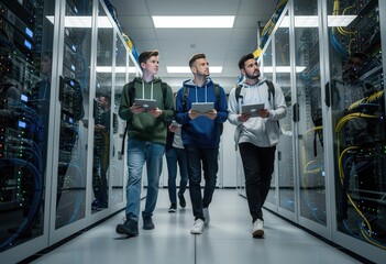 Three young men walk down a server room hallway, each holding a tablet. The image conveys themes of technology, innovation, and a modern, digital workplace.